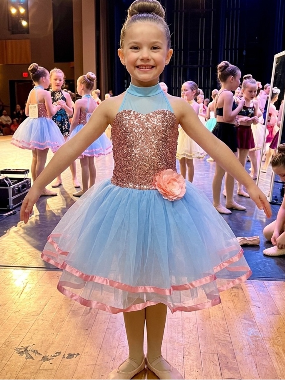 Girls Sparkle Pink Sequin & Light Blue Tulle Dress with Flower